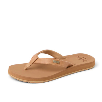 Womens Reef Baja Sands flip flops in Almond brown with gold logo label on the strap.