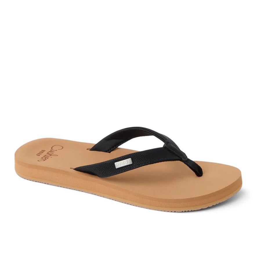 Main front view of womens Reef Baja Sands flip flops in tan with a black strap.