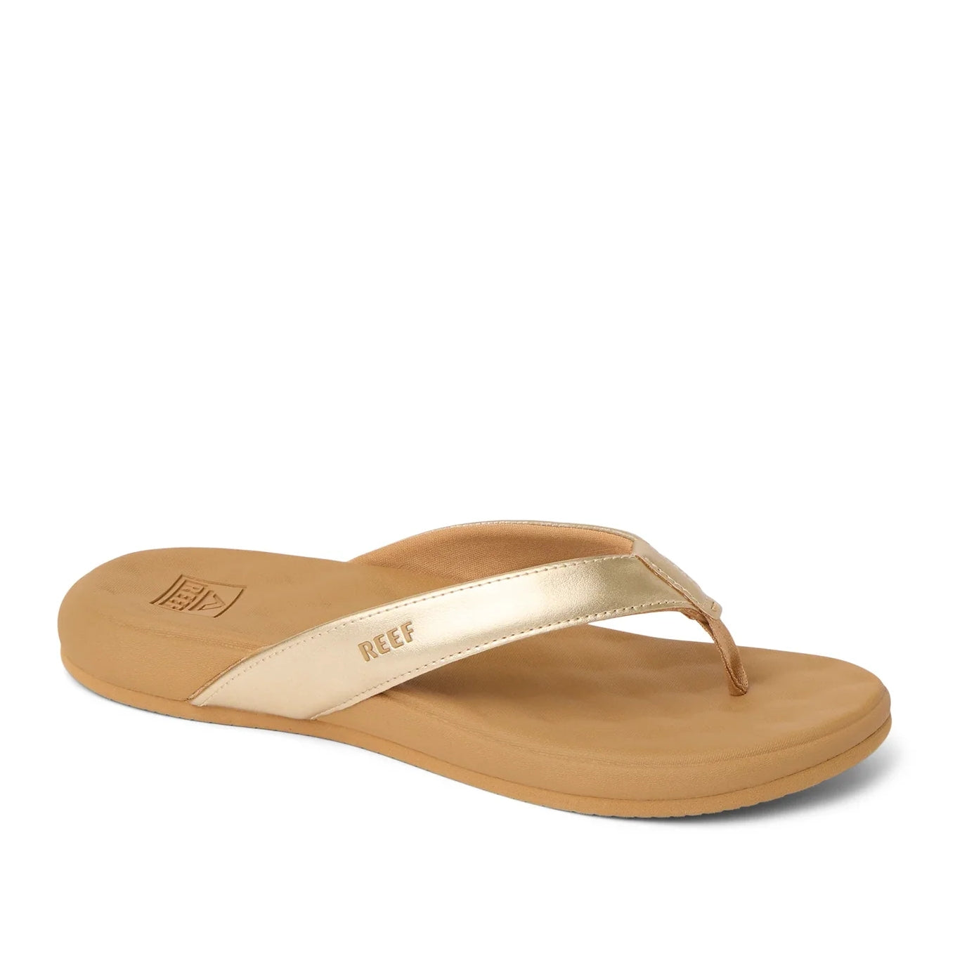 Main front view of women's Reef Cushion Melody flip flops with a Champagne Gold strap and pillow textured cushioning footbed.