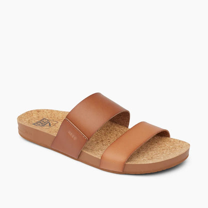 Front view of a womens Reef Cushion Vista faux leather double strap sandal in Espresso Duo brown, with cork footbed.