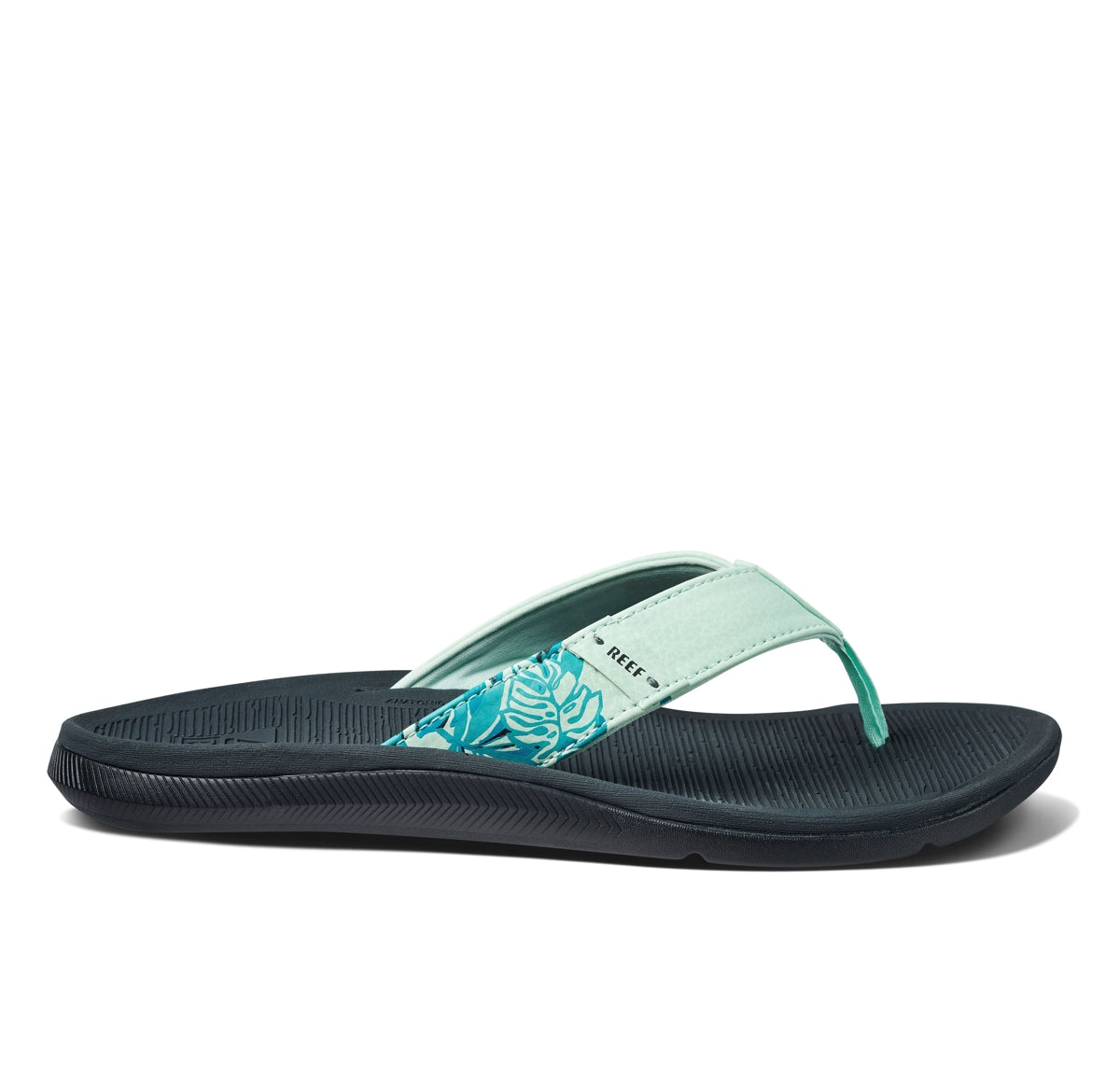 Reef womens Santa Ana flip flops in grey with mint floral straps and cushioned footbed