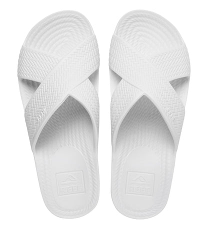 Reef Womens Slide Sandals White featuring crisscross straps and textured footbed for comfort