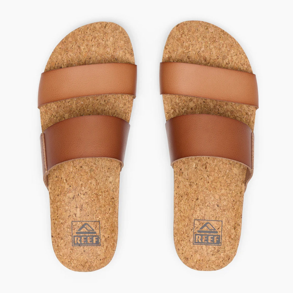 Top view of womens Reef Cushion Vista faux leather double strap sandals in Espresso Duo brown, with cork footbed.