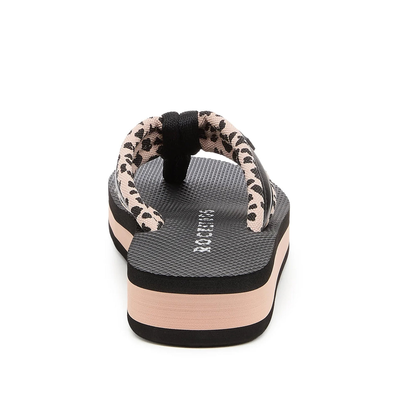 Back view of a women's Rocket Dog Monica Leon flip flop, with a light pink/tan padded strap with a leopard print pattern and a platform sole.