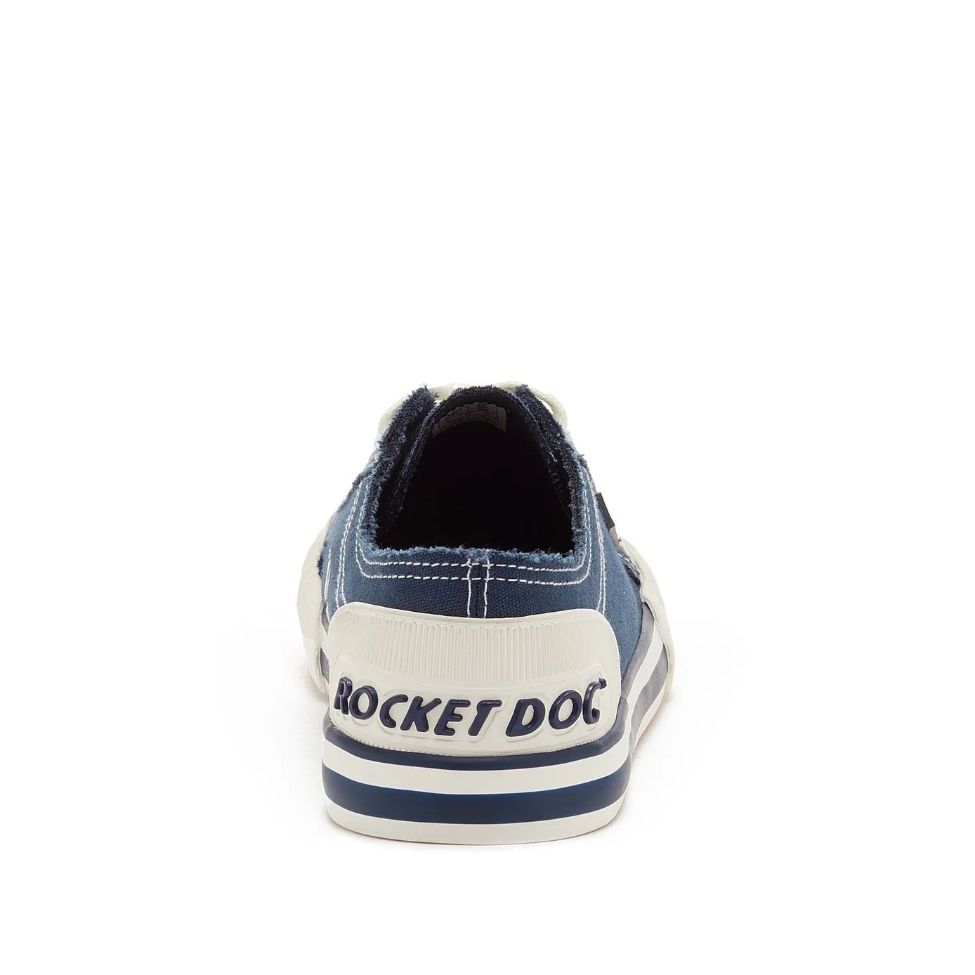 Back view of women's Rocket Dog Jazzin 8A canvas trainers in Navy blue with white accents and logo on the heel.