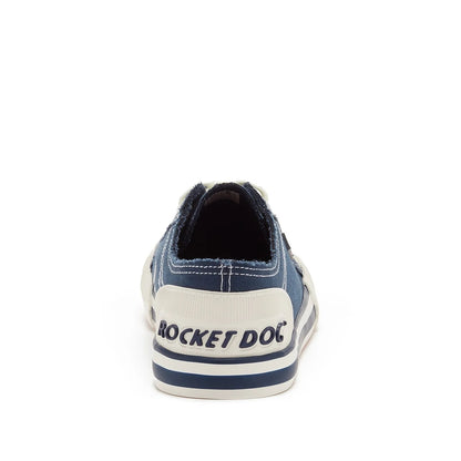 Back view of women's Rocket Dog Jazzin 8A canvas trainers in Navy blue with white accents and logo on the heel.