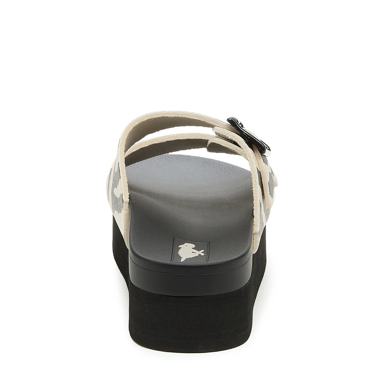 Back view of womens Rocket Dog Esti Plus platform slip on sandals, with two black and white zebra print straps with buckles.