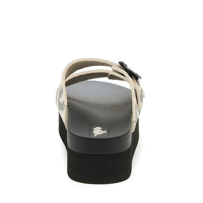 Back view of womens Rocket Dog Esti Plus platform slip on sandals, with two black and white zebra print straps with buckles.