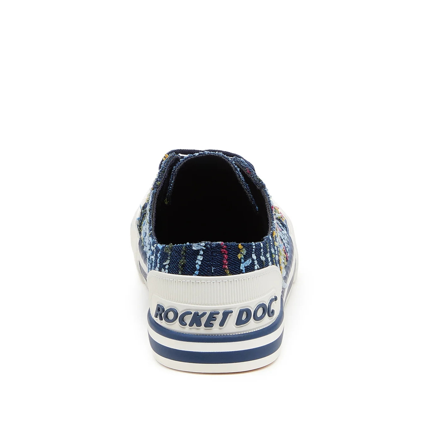 Back view of Rocket Dog women's Jazzin Radio canvas lace up trainers in navy blue with a multicolour striped stitching pattern and white heel with logo.