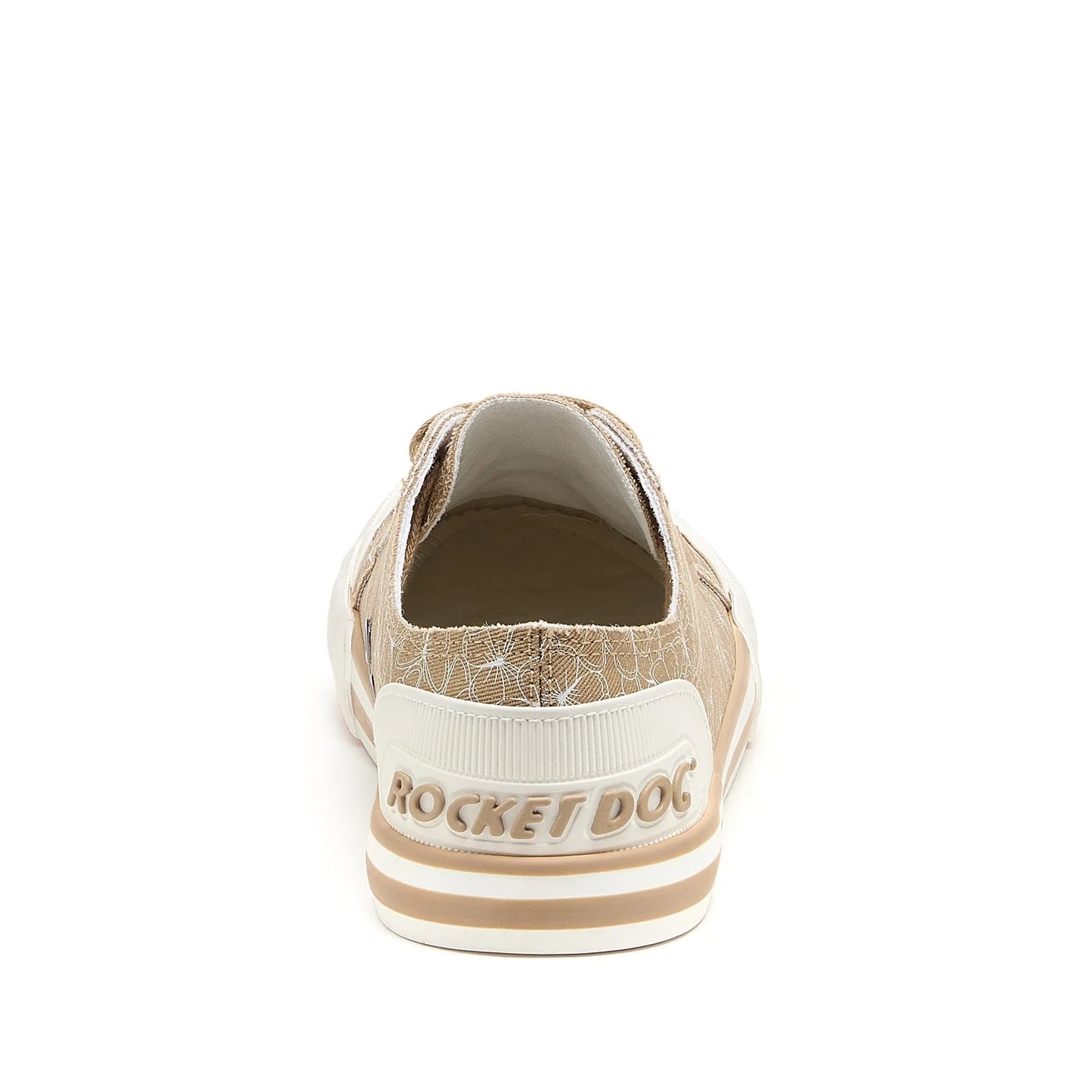 Back view of women's Rocket Dog Jazzin Mariposa canvas trainers in tan brown with butterfly print and logo on the heel