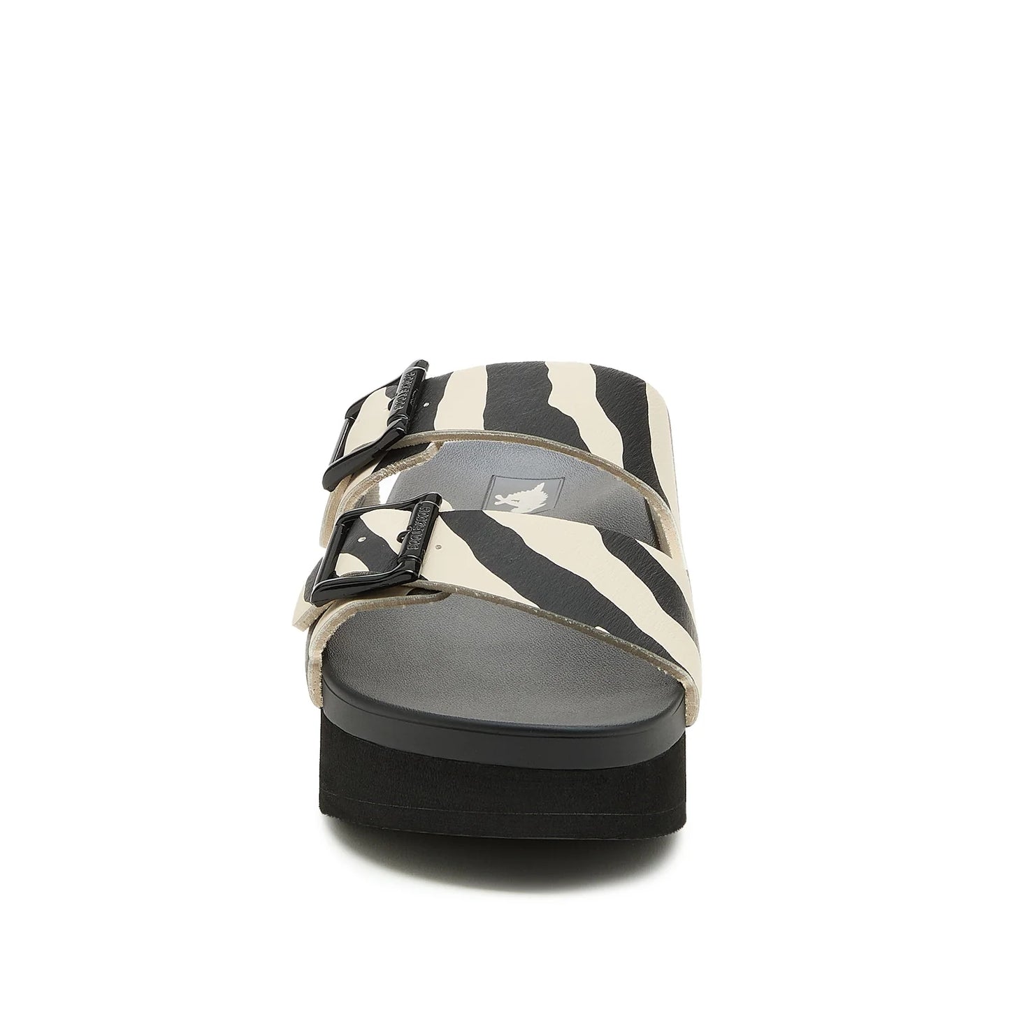 Front view of womens Rocket Dog Esti Plus platform slip on sandals, with two black and white zebra print straps with buckles.