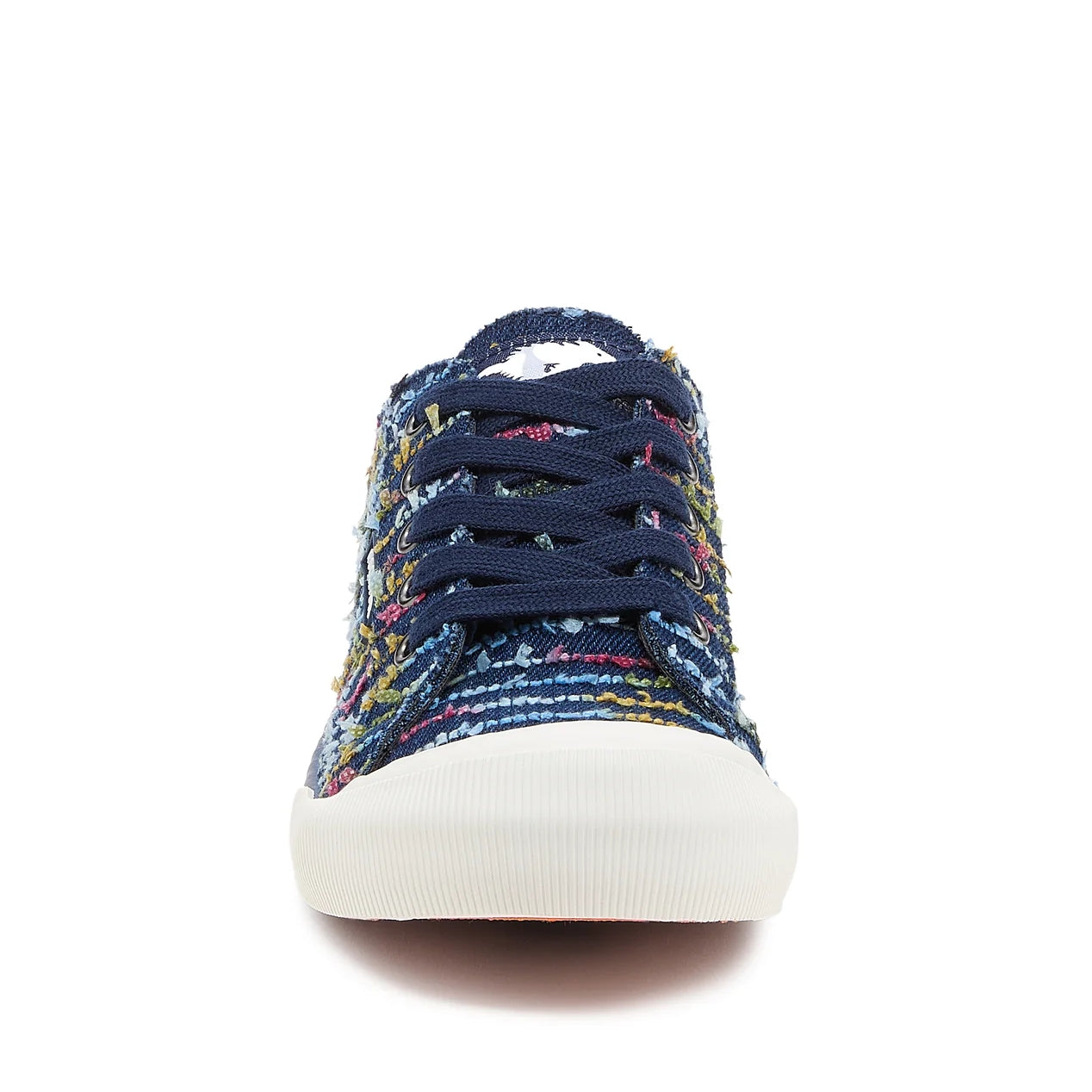 Front view of Rocket Dog women's Jazzin Radio canvas lace up trainers in navy blue with a multicolour striped stitching pattern and white toe cap.