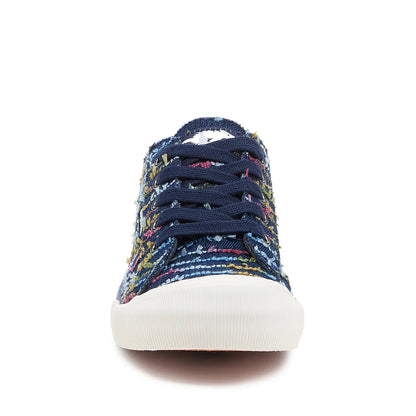 Front view of Rocket Dog women's Jazzin Radio canvas lace up trainers in navy blue with a multicolour striped stitching pattern and white toe cap.