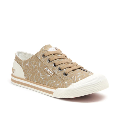 Main front view of women's Rocket Dog Jazzin Mariposa canvas trainers in tan brown with butterfly print