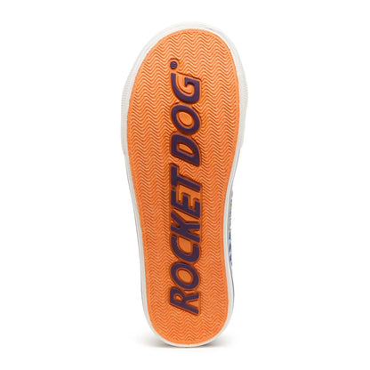 Bottom sole view of Rocket Dog women's Jazzin Radio canvas lace up trainers in navy blue with a multicolour striped stitching pattern with a bright orange sole with logo.