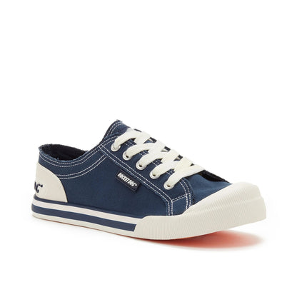 Main front view of women's Rocket Dog Jazzin 8A canvas trainers in Navy blue with white laces