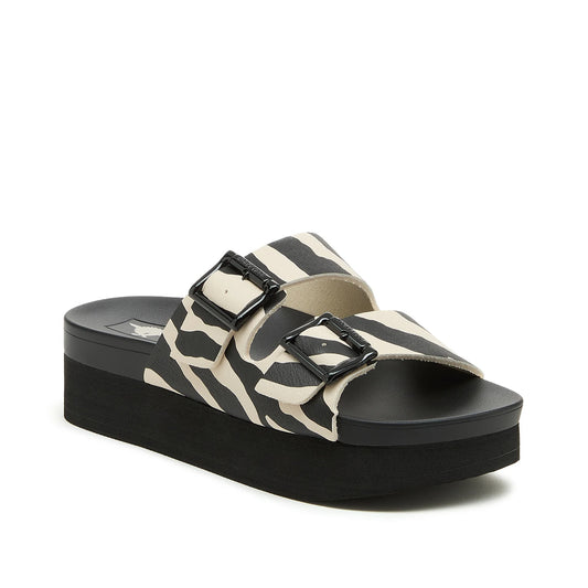 Front view of womens Rocket Dog Esti Plus slip on sandals, with a platform sole and two black and white zebra print straps with buckles.