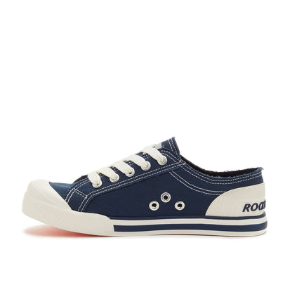 Side view of women's Rocket Dog Jazzin 8A canvas trainers in Navy blue with white laces and vent holes