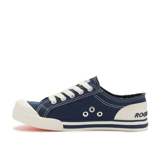 Side view of women's Rocket Dog Jazzin 8A canvas trainers in Navy blue with white laces and vent holes