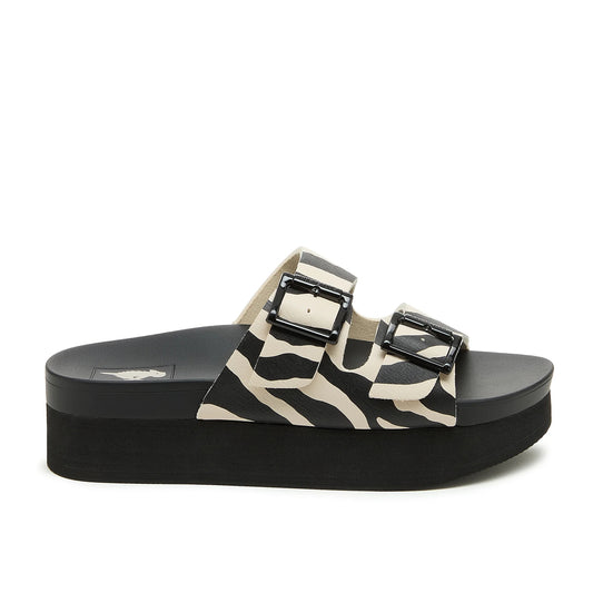 Side view of womens Rocket Dog Esti Plus platform slip on sandals, with two black and white zebra print straps with buckles.