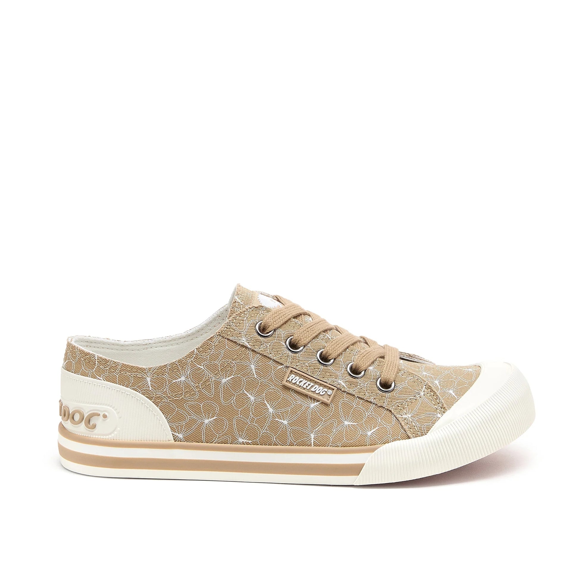 Side view of women's Rocket Dog Jazzin Mariposa canvas trainers in tan brown with butterfly print and white accents