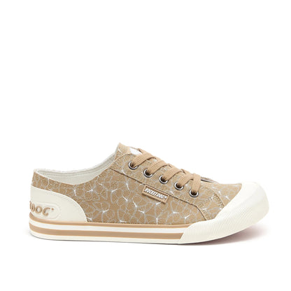 Side view of women's Rocket Dog Jazzin Mariposa canvas trainers in tan brown with butterfly print and white accents