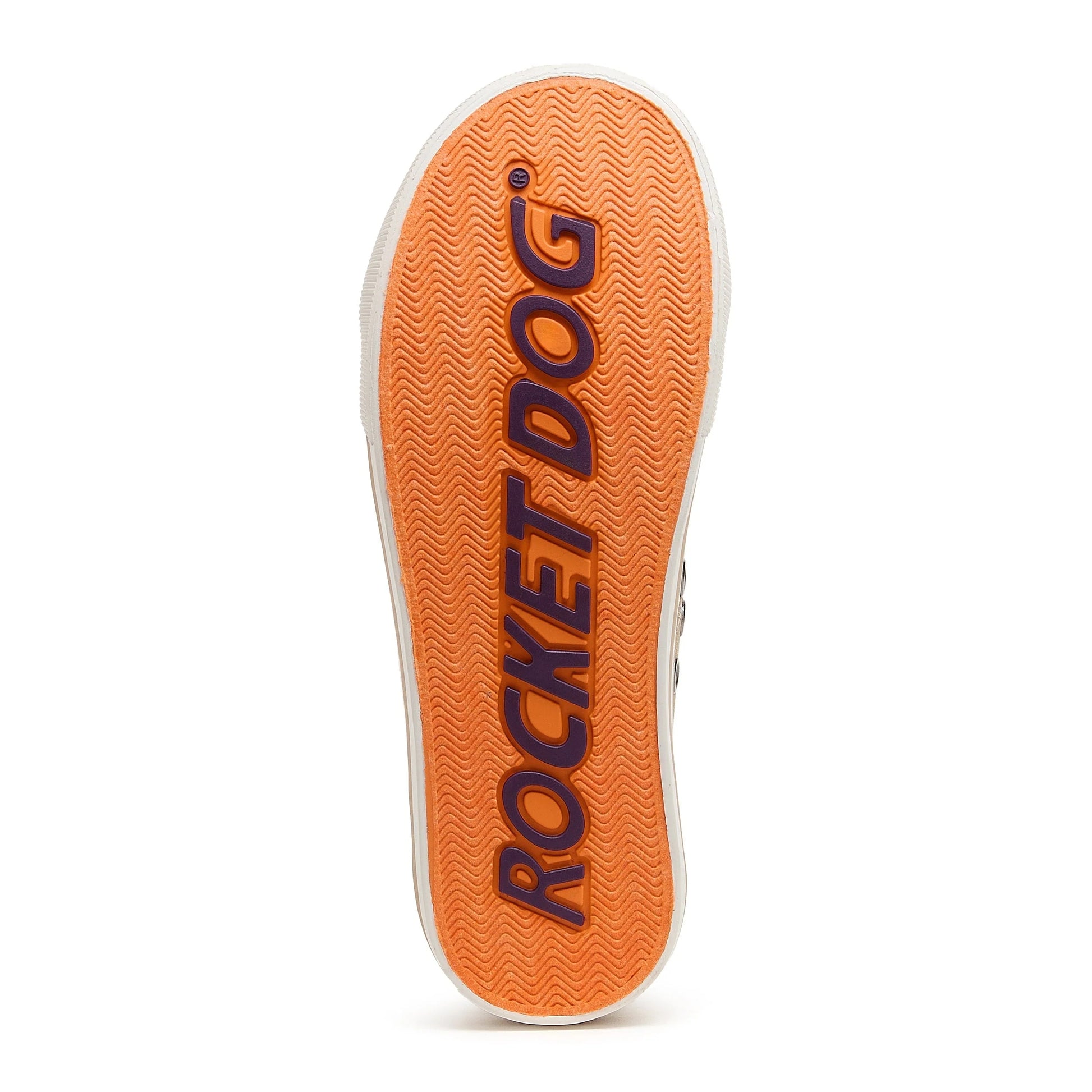 Bottom sole view of women's Rocket Dog Jazzin Mariposa canvas trainers with bright orange outsole with logo.