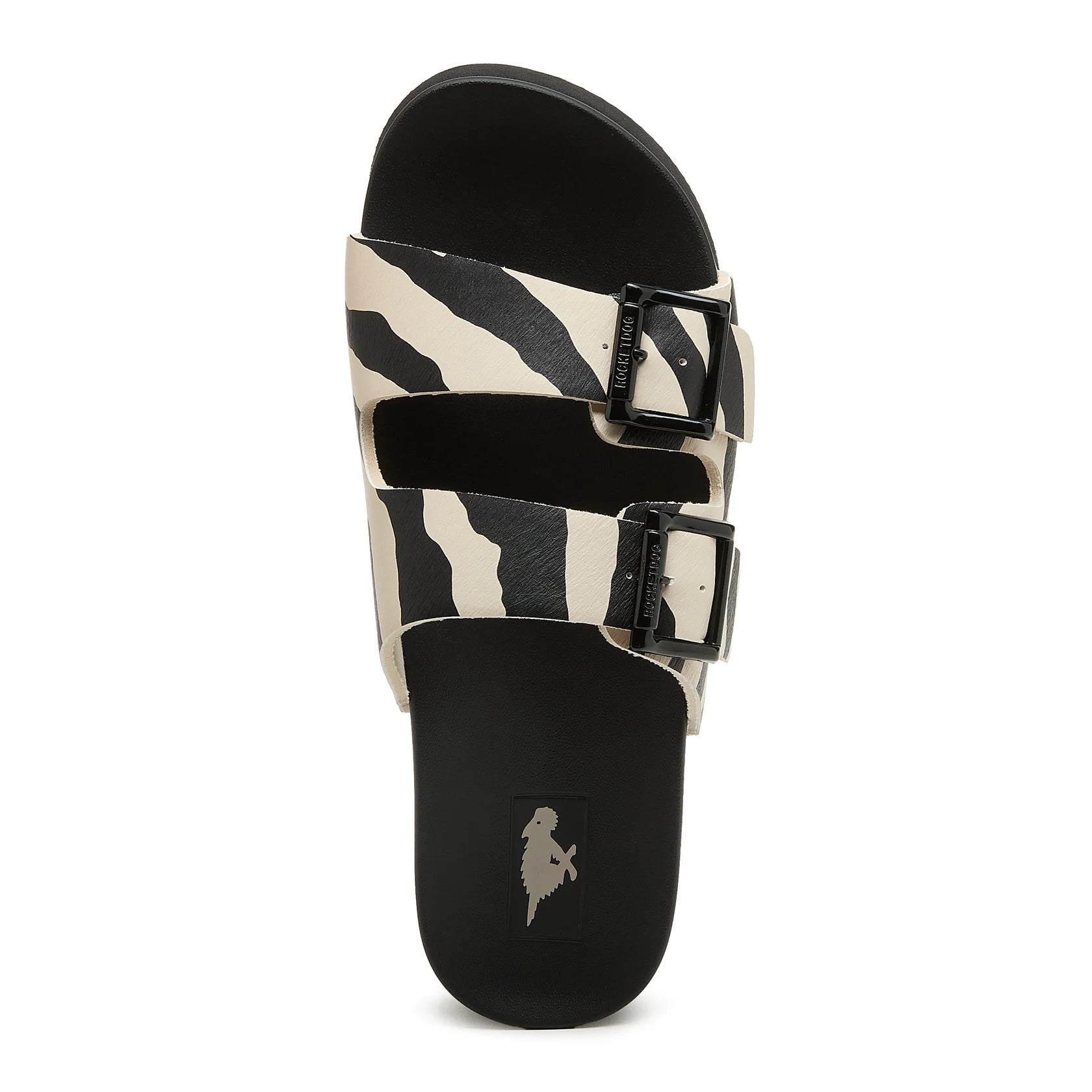 Top view of womens Rocket Dog Esti Plus platform slip on sandals, with two black and white zebra print straps with buckles.