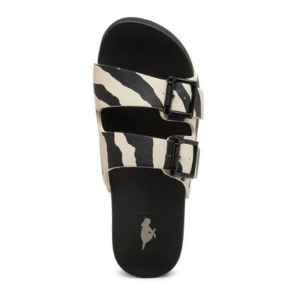 Top view of womens Rocket Dog Esti Plus platform slip on sandals, with two black and white zebra print straps with buckles.