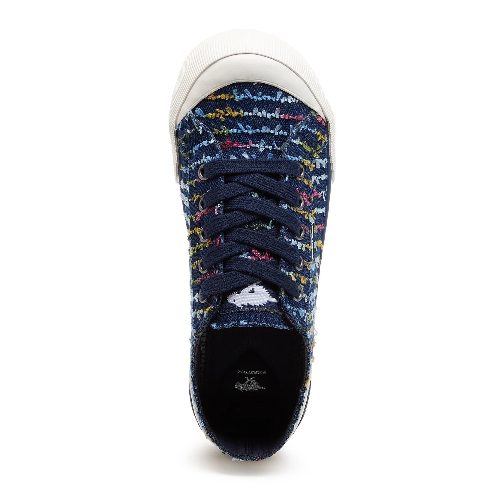 Top view of Rocket Dog women's Jazzin Radio canvas lace up trainers in navy blue with a multicolour striped stitching pattern and white toe cap.