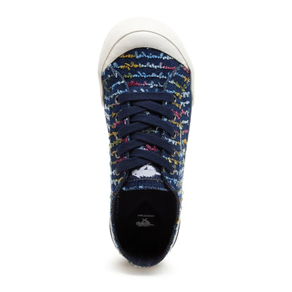 Top view of Rocket Dog women's Jazzin Radio canvas lace up trainers in navy blue with a multicolour striped stitching pattern and white toe cap.