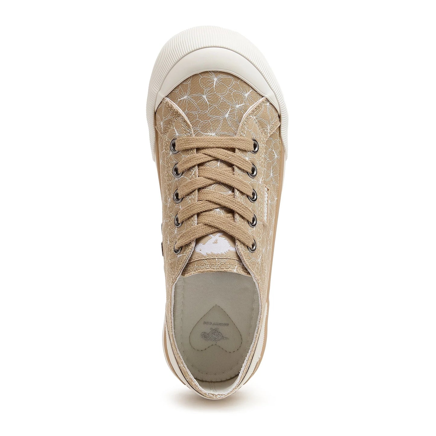 Top view of women's Rocket Dog Jazzin Mariposa canvas trainers in tan brown with butterfly print and white toe cap
