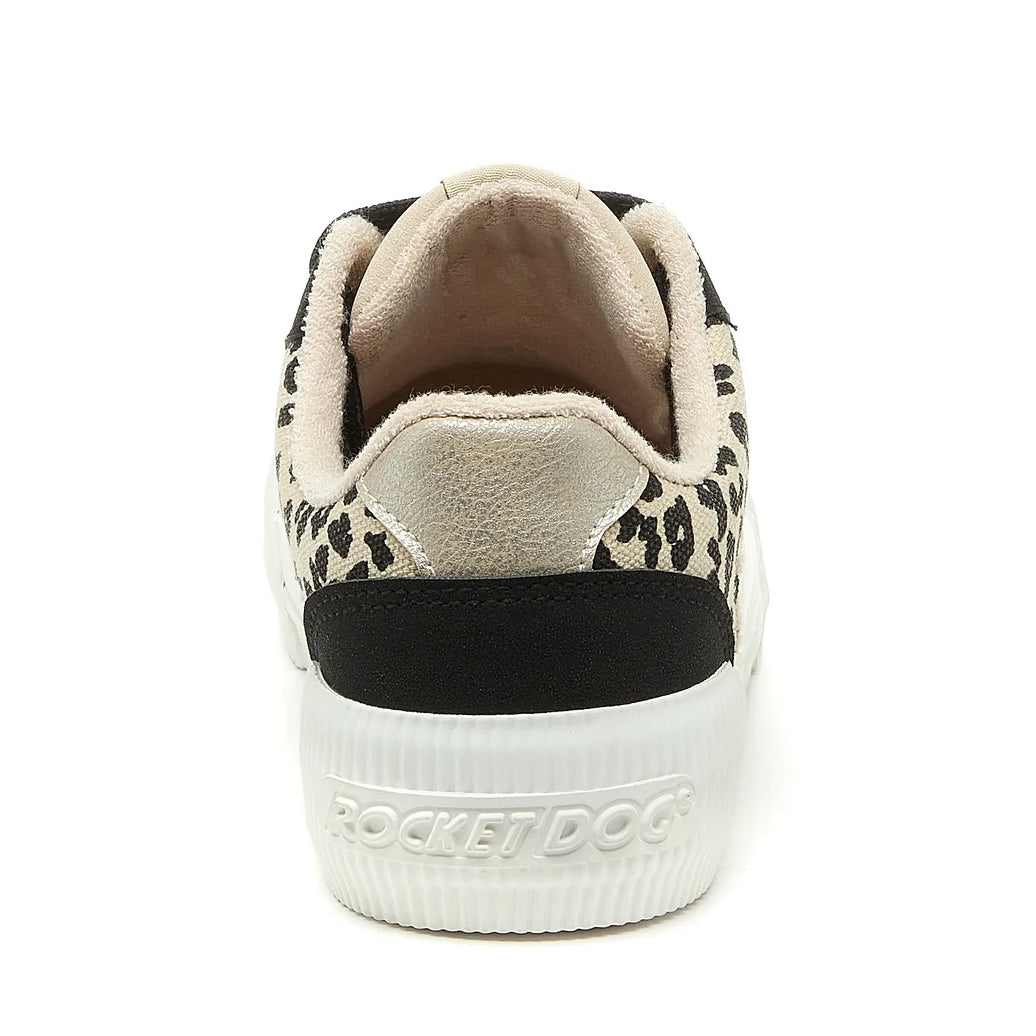 Back view of womens Rocket Dog Cheery colour block lace-up trainers with beige, black and leopard print panels