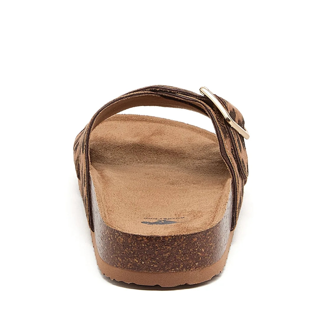 Back view of womens Rocket Dog slip-on Annie sandals, with leopard print cross-over style straps in tan brown with adjustable buckle.