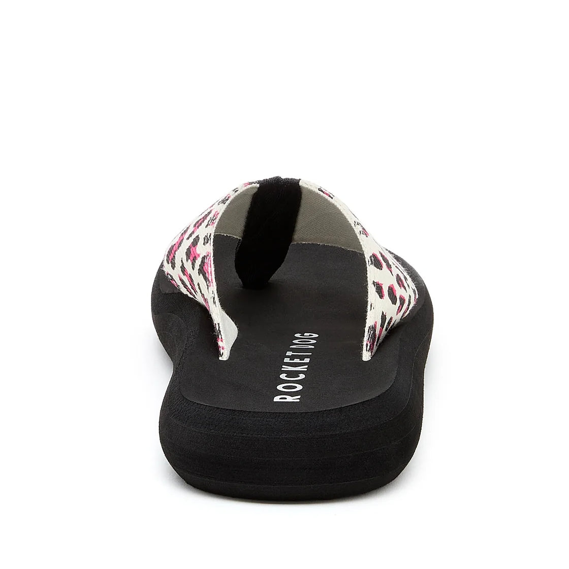 Back view of a womens Rocket Dog Spotlight Monroe flip flop with a black sole and a cream strap with a pink and black leopard print pattern.