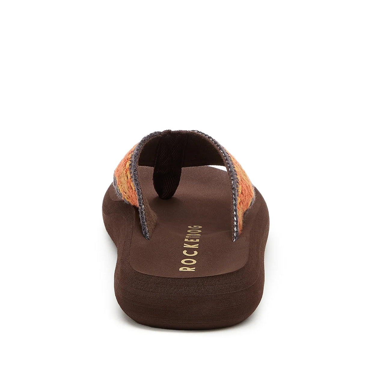 Back view of a womens Rocket Dog Spotlight Marlow flip flop in brown with an orange and tan embroidered strap.