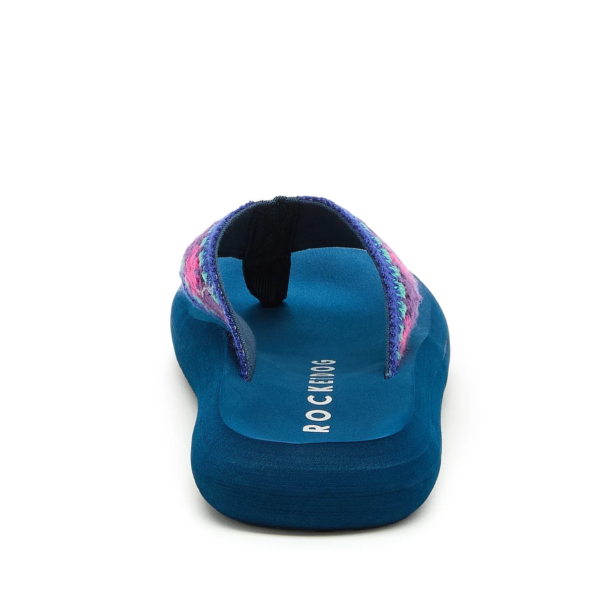 Back view of a womens Rocket Dog Spotlight Marlow flip flop with a navy sole and a purple, pink and turquoise embroidered strap.