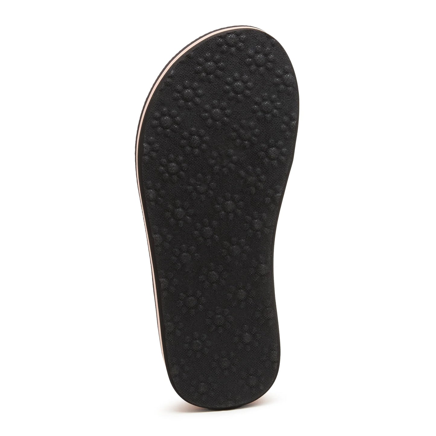 Bottom outsole view of a women's Rocket Dog Monica Leon flip flop, in black with flower pattern grips.