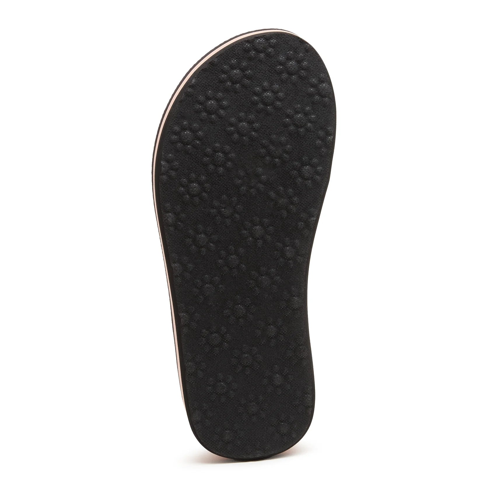 Bottom outsole view of a women's Rocket Dog Monica Leon flip flop, in black with flower pattern grips.