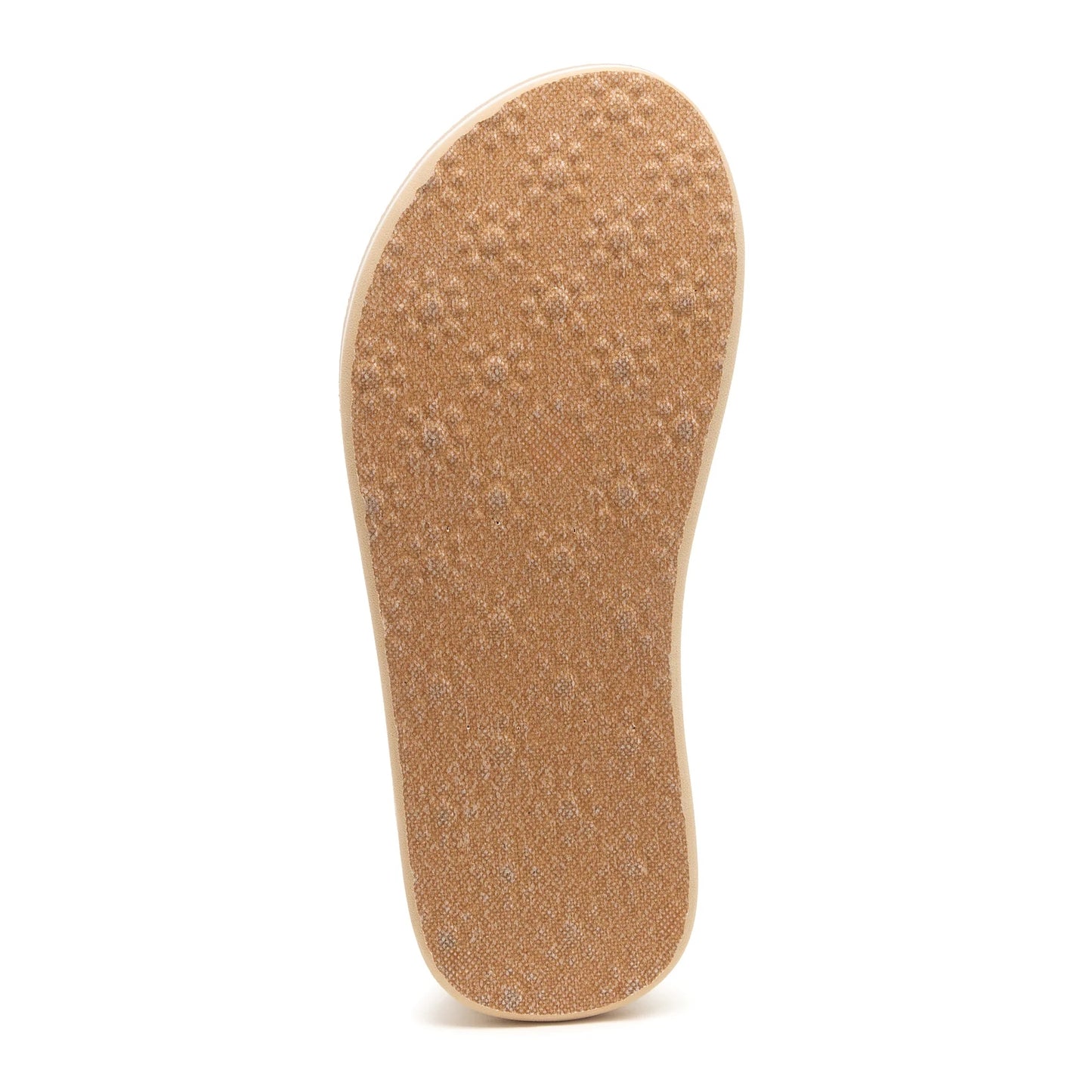 Bottom outsole view of a women's Rocket Dog Monica Bristol flip flop in tan with flower shape grip design