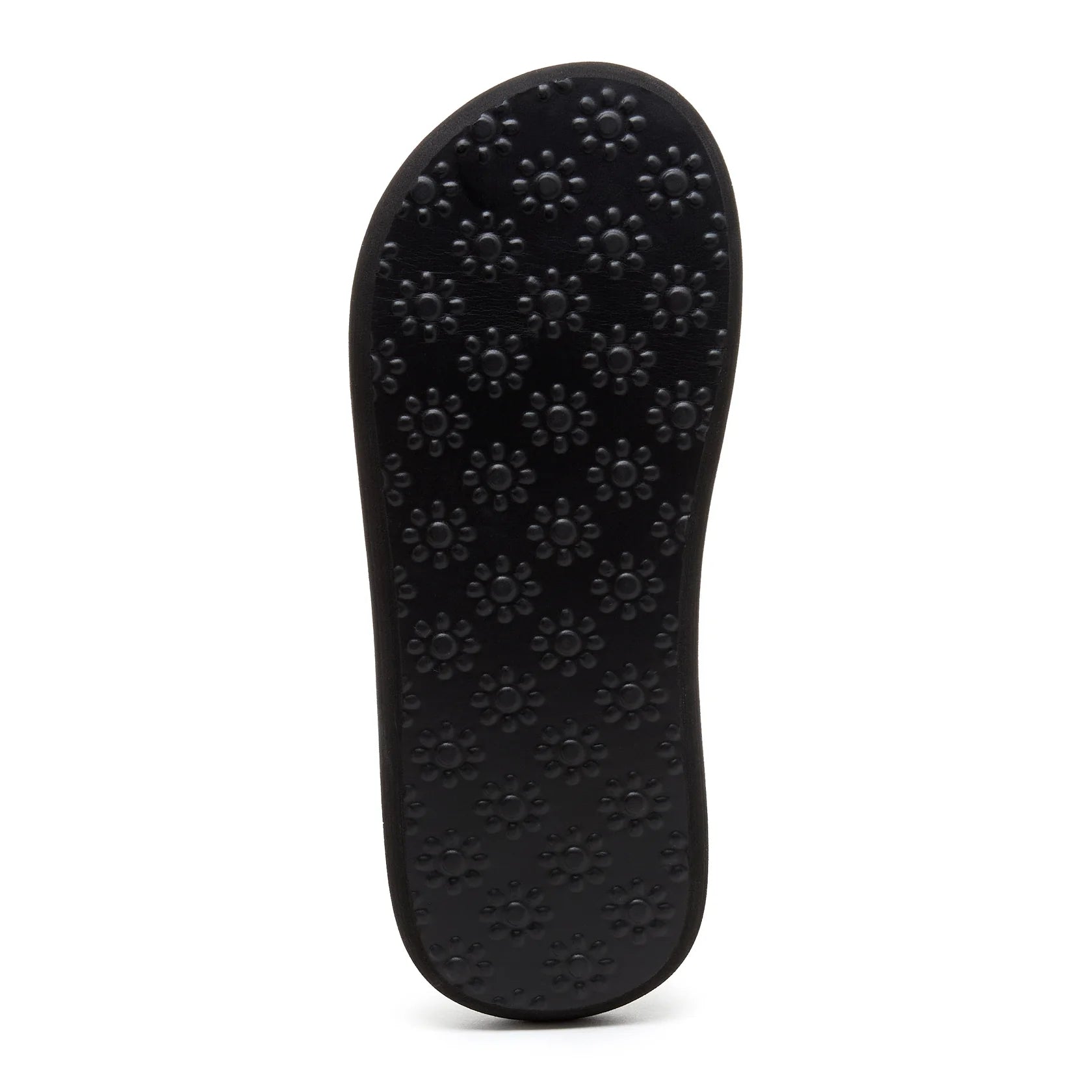 Bottom outsole view of a womens Rocket Dog Spotlight Monroe flip flop in black with a flower print grip pattern.