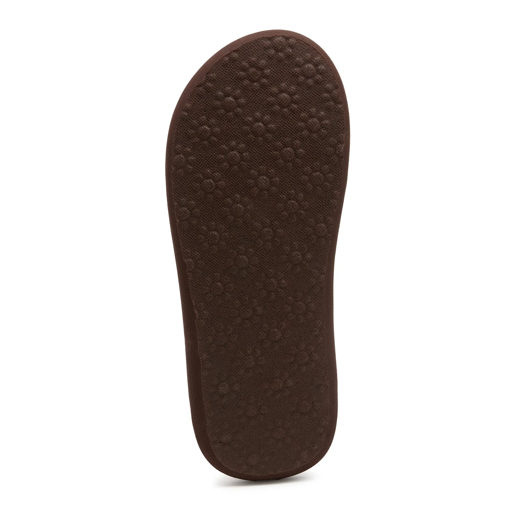 Bottom outsole view of a womens Rocket Dog Spotlight Marlow flip flops in brown with flower pattern sole grips.