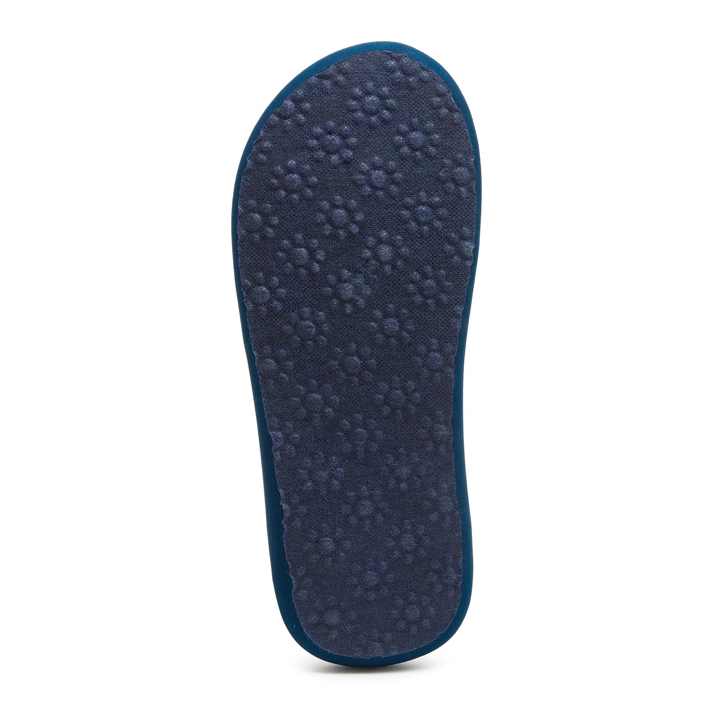 Bottom outsole view of a womens Rocket Dog Spotlight Marlow flip flop with a navy sole with flower shape grips.