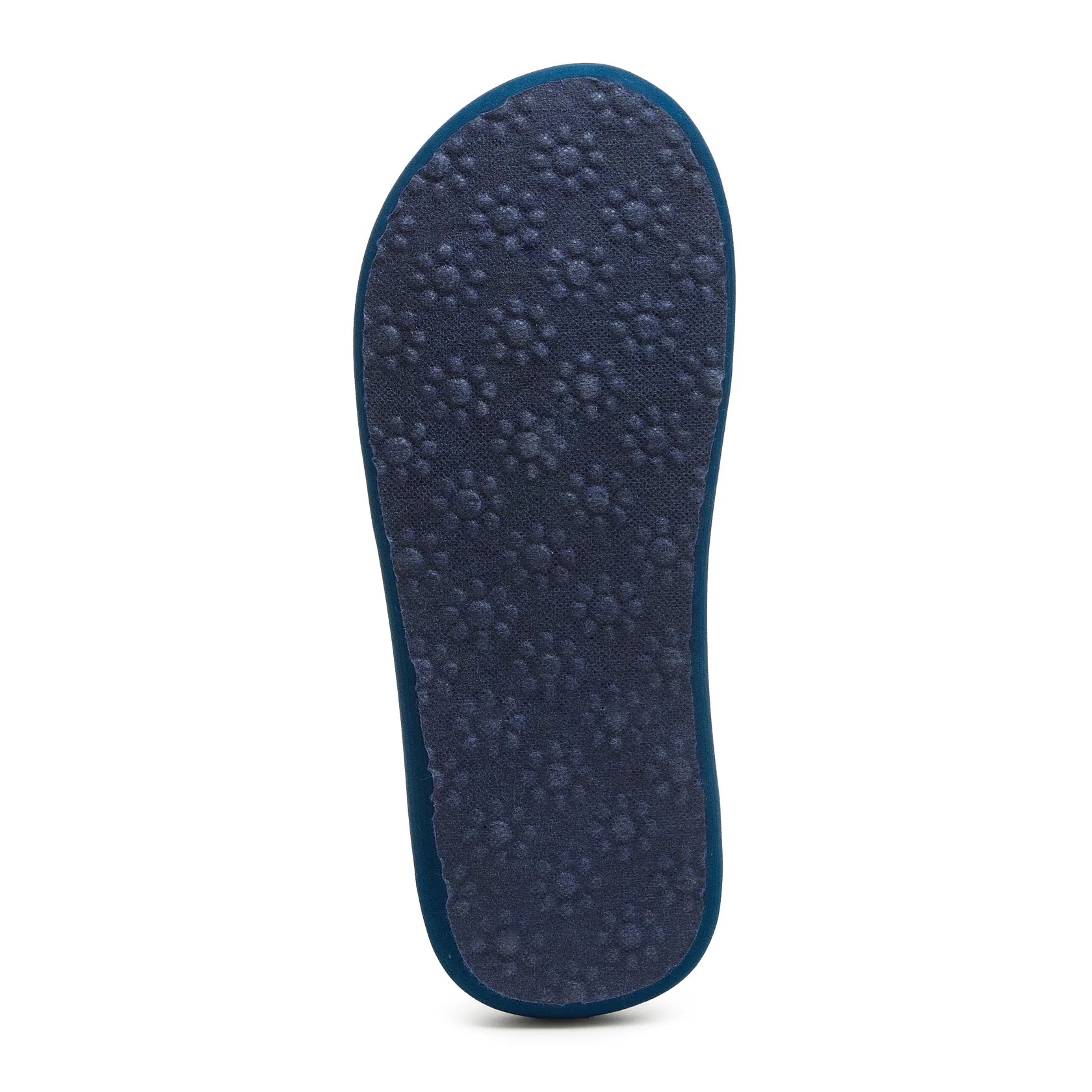 Bottom outsole view of a womens Rocket Dog Spotlight Marlow flip flop with a navy sole with flower shape grips.
