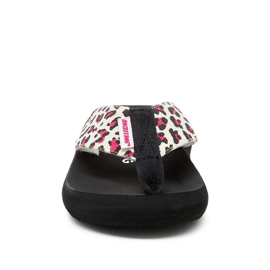 Front view of a womens Rocket Dog Spotlight Monroe flip flop with a black sole and a cream strap with a pink and black leopard print pattern.