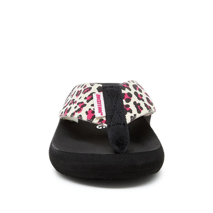 Front view of a womens Rocket Dog Spotlight Monroe flip flop with a black sole and a cream strap with a pink and black leopard print pattern.