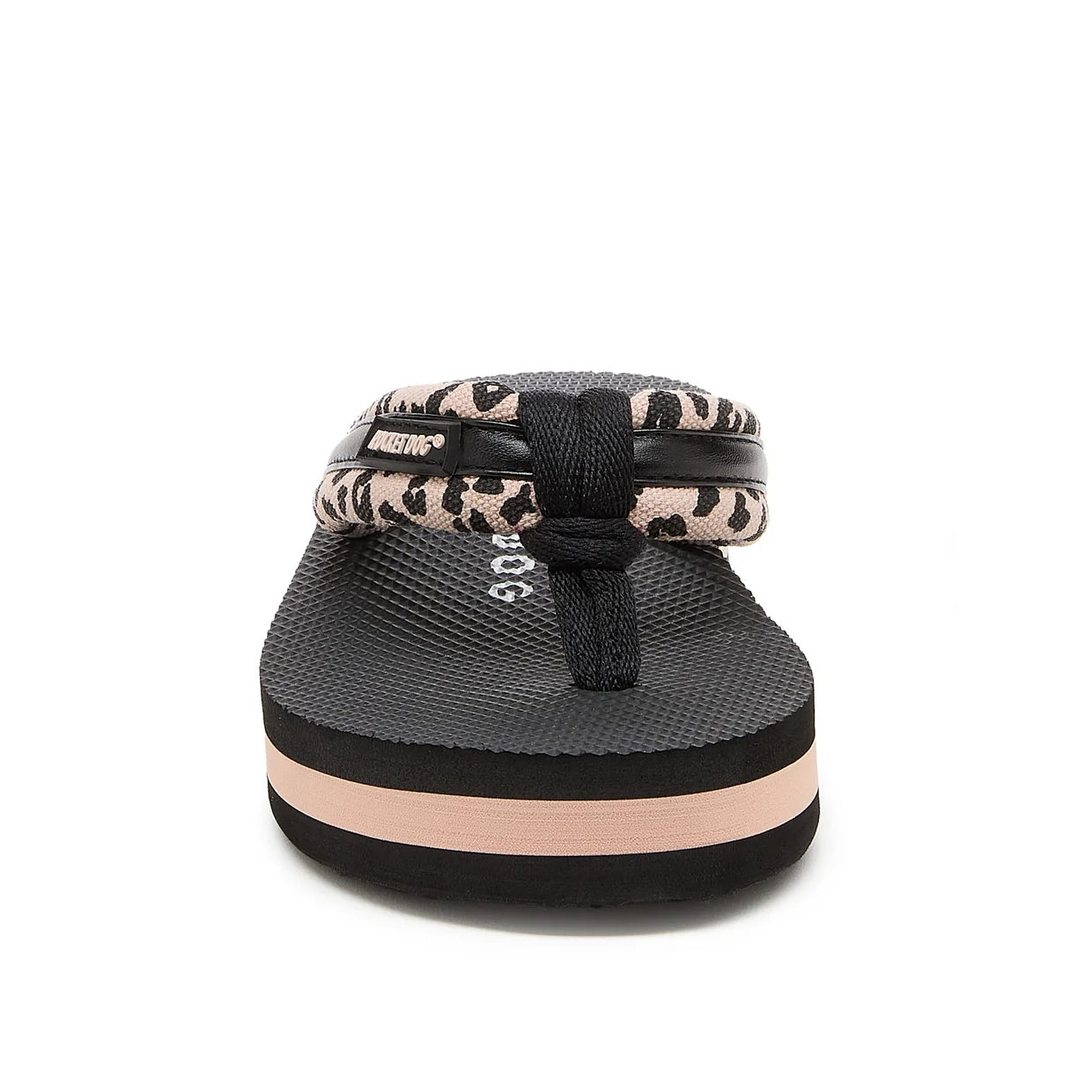 Front view of a women's Rocket Dog Monica Leon flip flop, with a light pink/tan strap with a leopard print pattern and a platform sole.