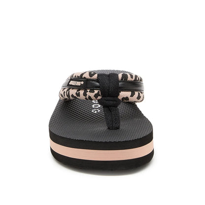 Front view of a women's Rocket Dog Monica Leon flip flop, with a light pink/tan strap with a leopard print pattern and a platform sole.