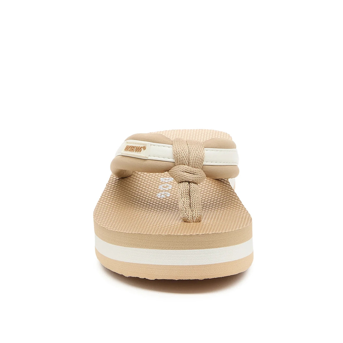 Front view of a women's Rocket Dog Monica Bristol flip flop in tan / off-white, with a padded strap and platform sole.