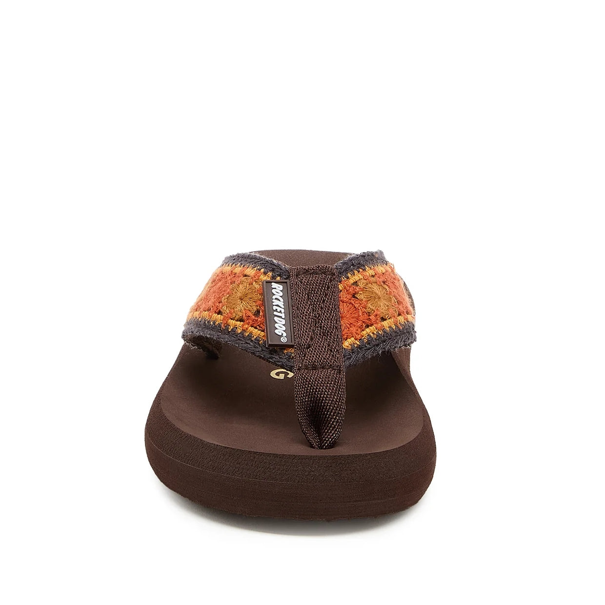 Front view of a womens Rocket Dog Spotlight Marlow flip flop in brown with an orange and tan embroidered strap and fabric toepost.